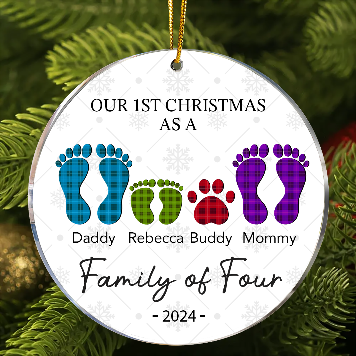 First Christmas As A Family Of Four Flannel Footprints - Personalized Circle Acrylic Ornament