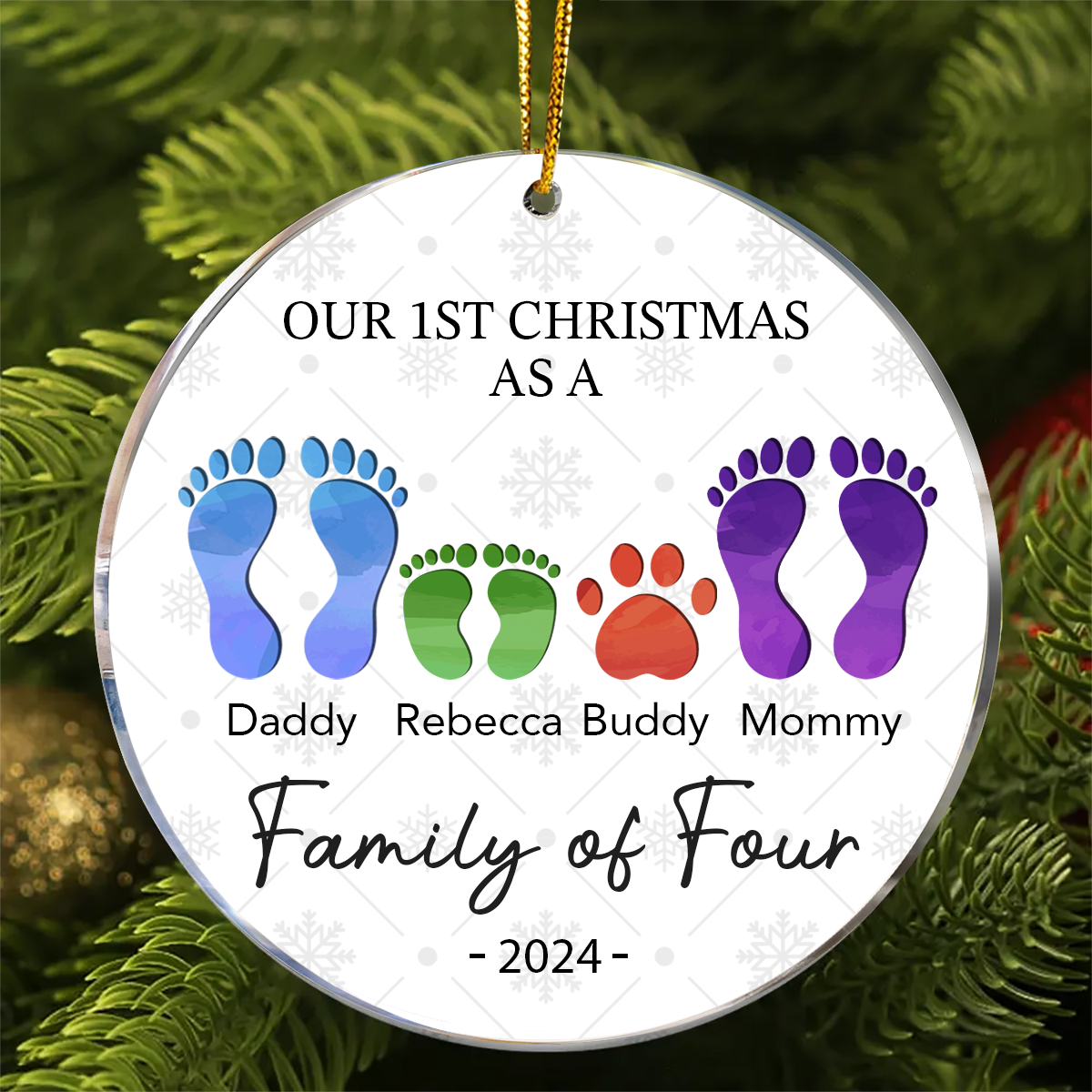 First Christmas As A Family Of Four Footprints - Personalized Circle Acrylic Ornament