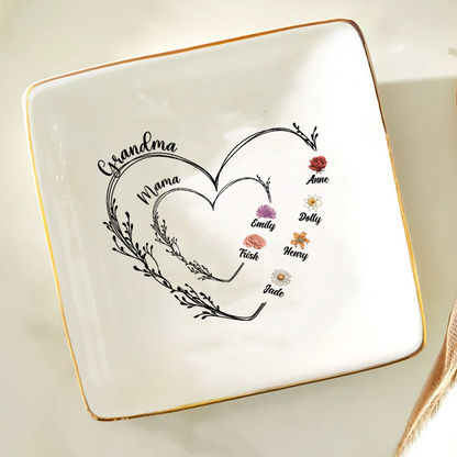 Mom Grandma Sweethearts Birth Month Flowers - Personalized Ring Dish