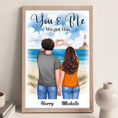 Back View Couple Heart Hands At Beach Personalized Vertical Poster - Valentine‘s Day Gift - Gift For Him, Gift For Her