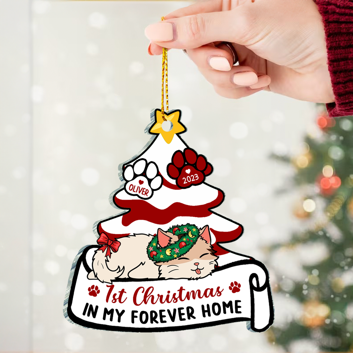 Lying Cat First Christmas In My Forever Home - Personalized Cutout Acrylic Ornament