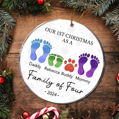 First Christmas As A Family Of Four Footprints - Personalized Circle Acrylic Ornament