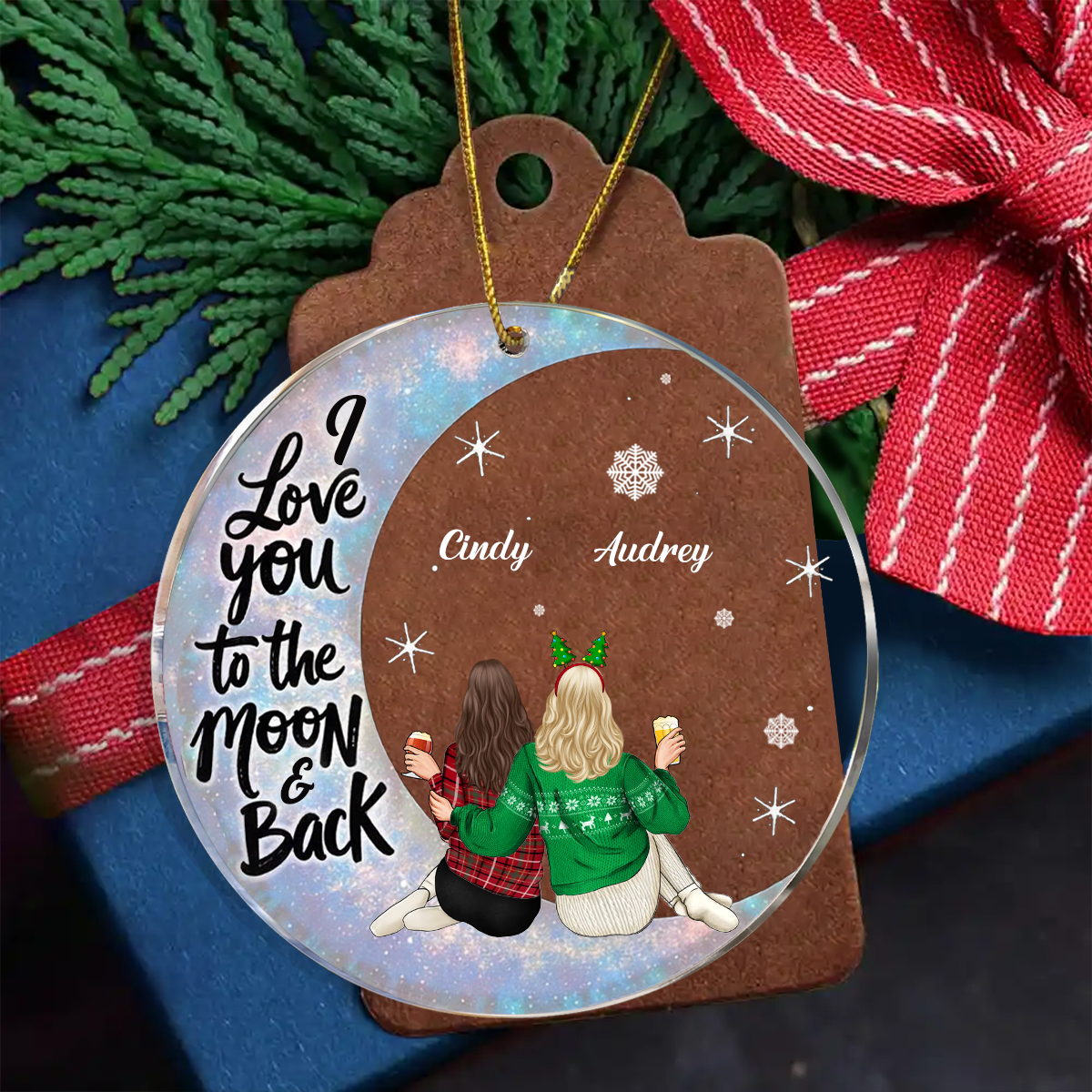 Christmas Besties Sisters I Love You To The Moon And Back - Personalized Circle Acrylic Ornament