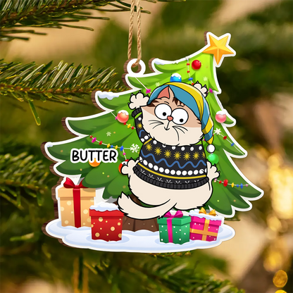 Funny Cats Scratching Christmas Tree - Personalized Custom Shaped Wooden Ornament