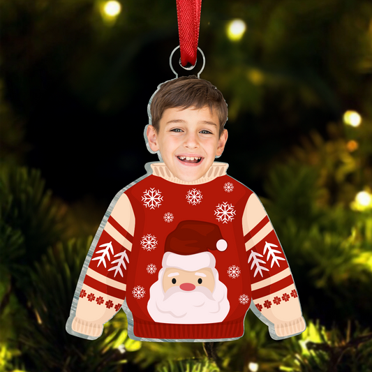 Custom Photo Funny Family Faces Hanging Christmas Sweater - Personalized Cutout Acrylic Ornament