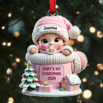 Baby In Mitten 3D Effect Baby's First Christmas Personalized Acrylic Flat Ornament