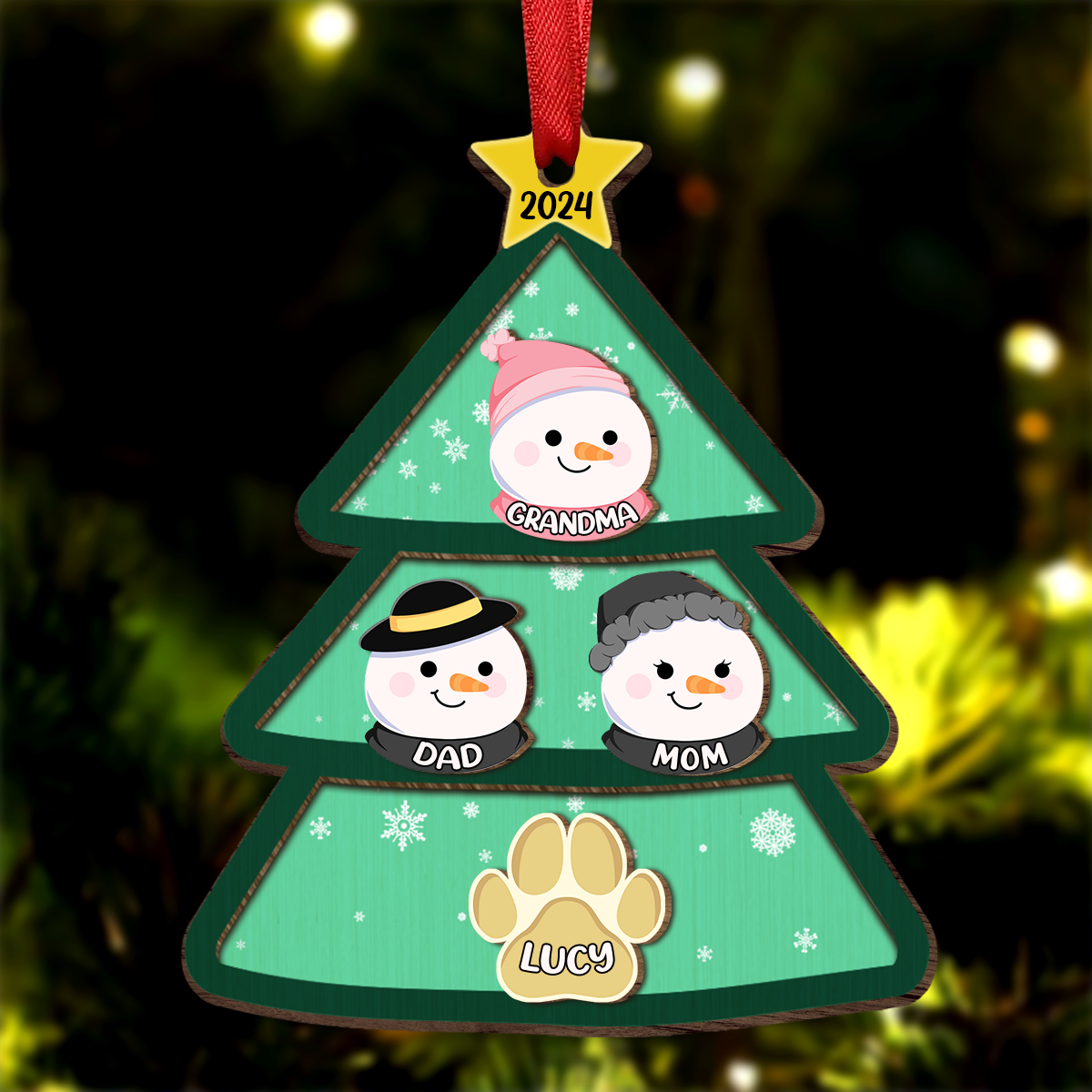 Christmas Tree Snowman Family - Personalized Wooden Ornament