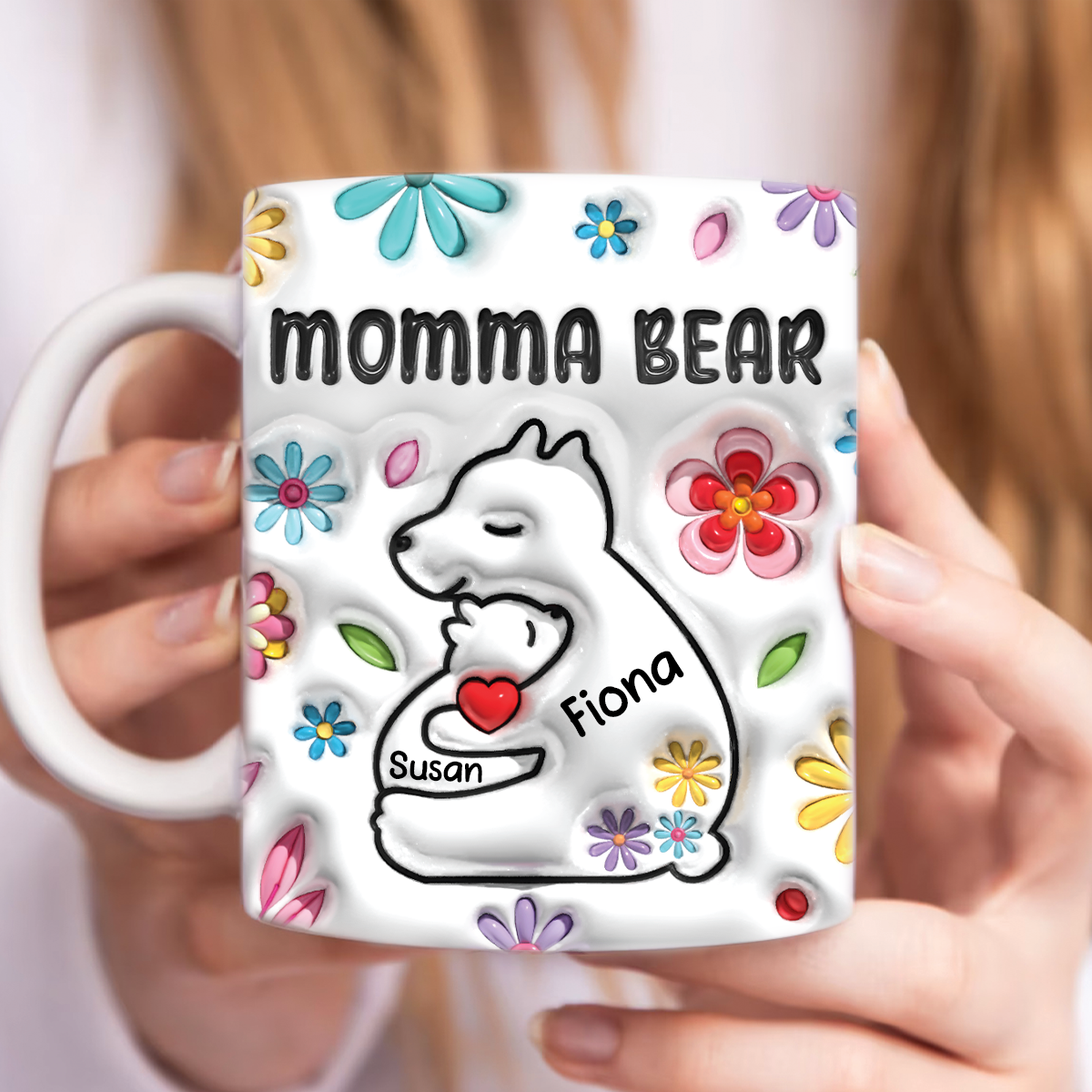 Mama Bear Floral Style - Birthday, Loving Gift For Mom, Mother, Grandma, Grandmother - 3D Inflated Effect Printed Mug, Personalized White Edge-to-Edge Mug