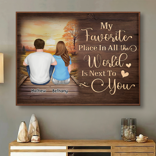 Couple Sitting Back View Wooden Sunset Lake Personalized Horizontal Poster