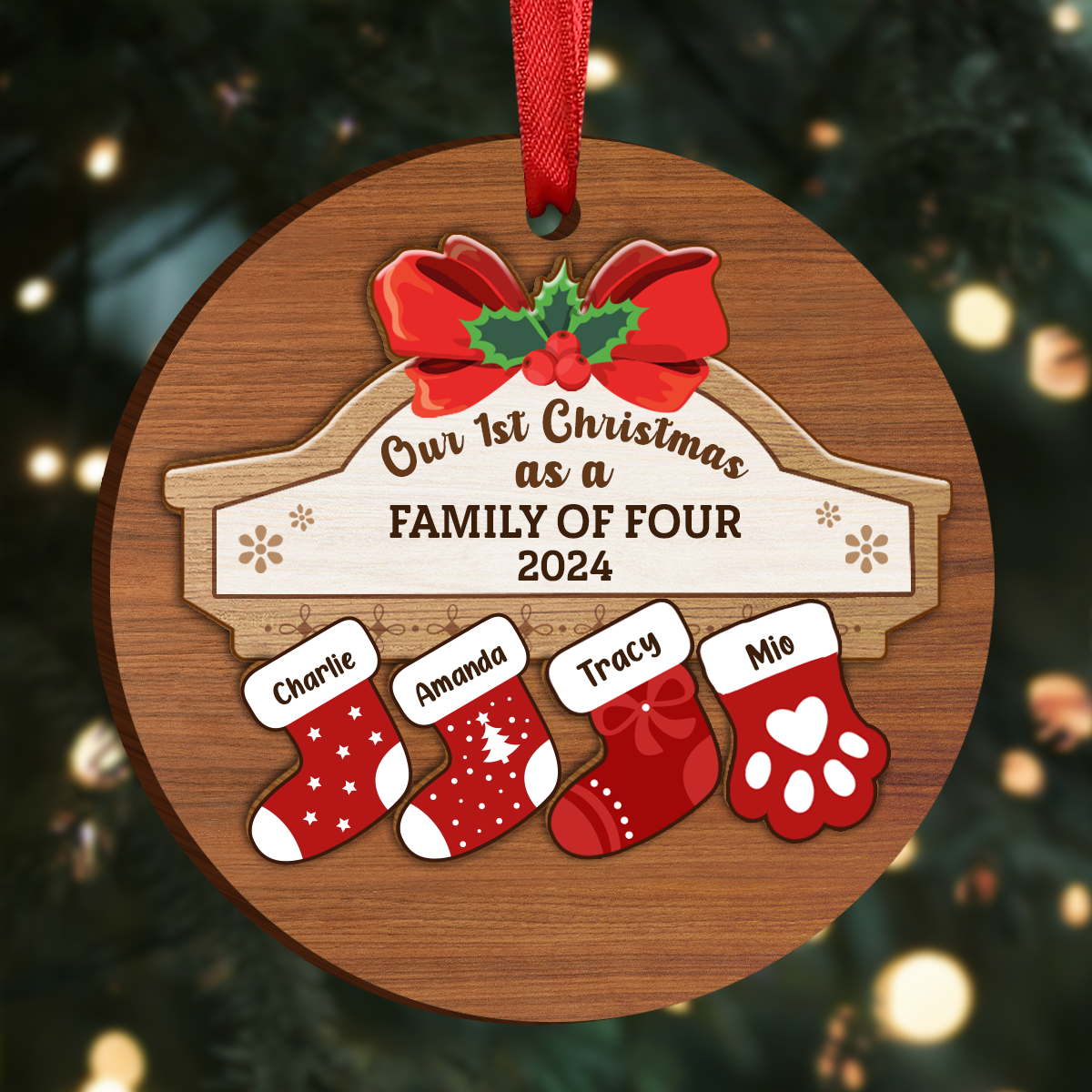 First Christmas As A Family Of Four Stocking Family - Personalized 2-Layered Wooden Ornament