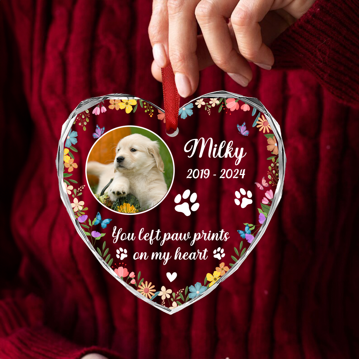 Custom Photo Dog Cat Memorial You Left Paw Prints On My Heart - Personalized Heart Shaped Acrylic Ornament