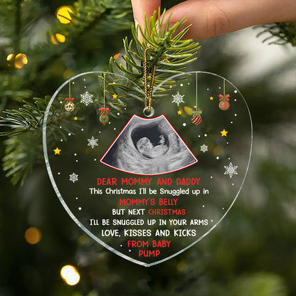 Custom Photo This Christmas I'll Be Snuggled Up Newborn Baby - Personalized Heart Shaped Acrylic Ornament