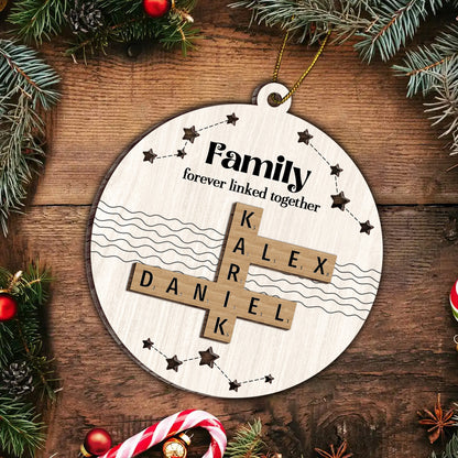 Family Forever Linked Together Puzzle Crossword Personalized Wooden Ornament, Christmas Gift For Family