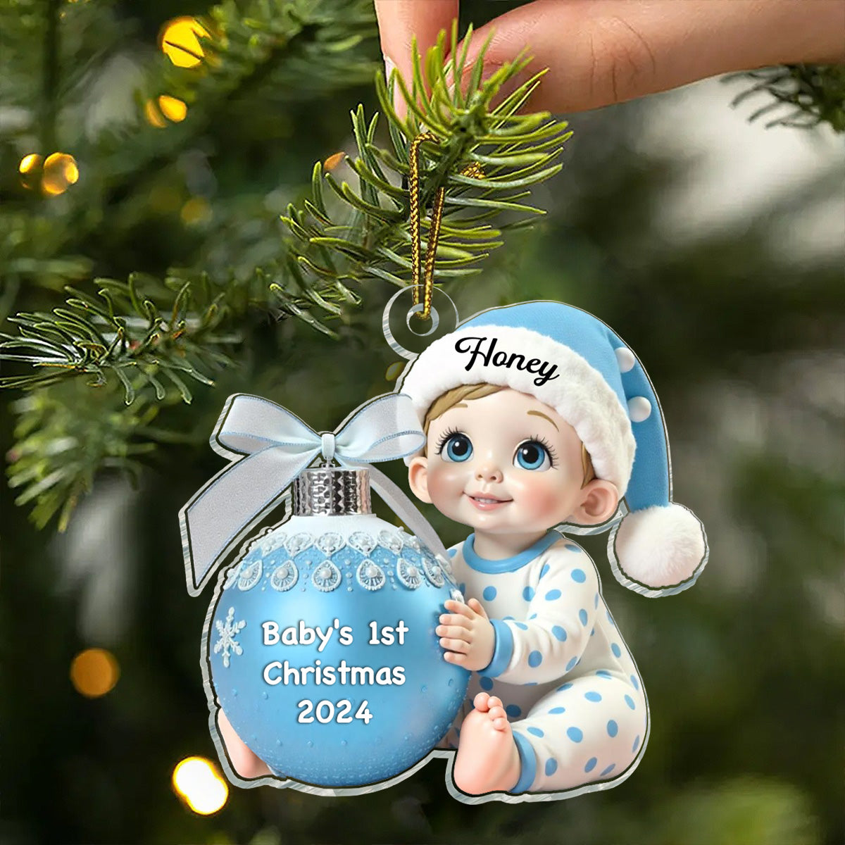 Baby Holding Christmas Bauble 3D Effect Baby's First Christmas Personalized Acrylic Flat Ornament