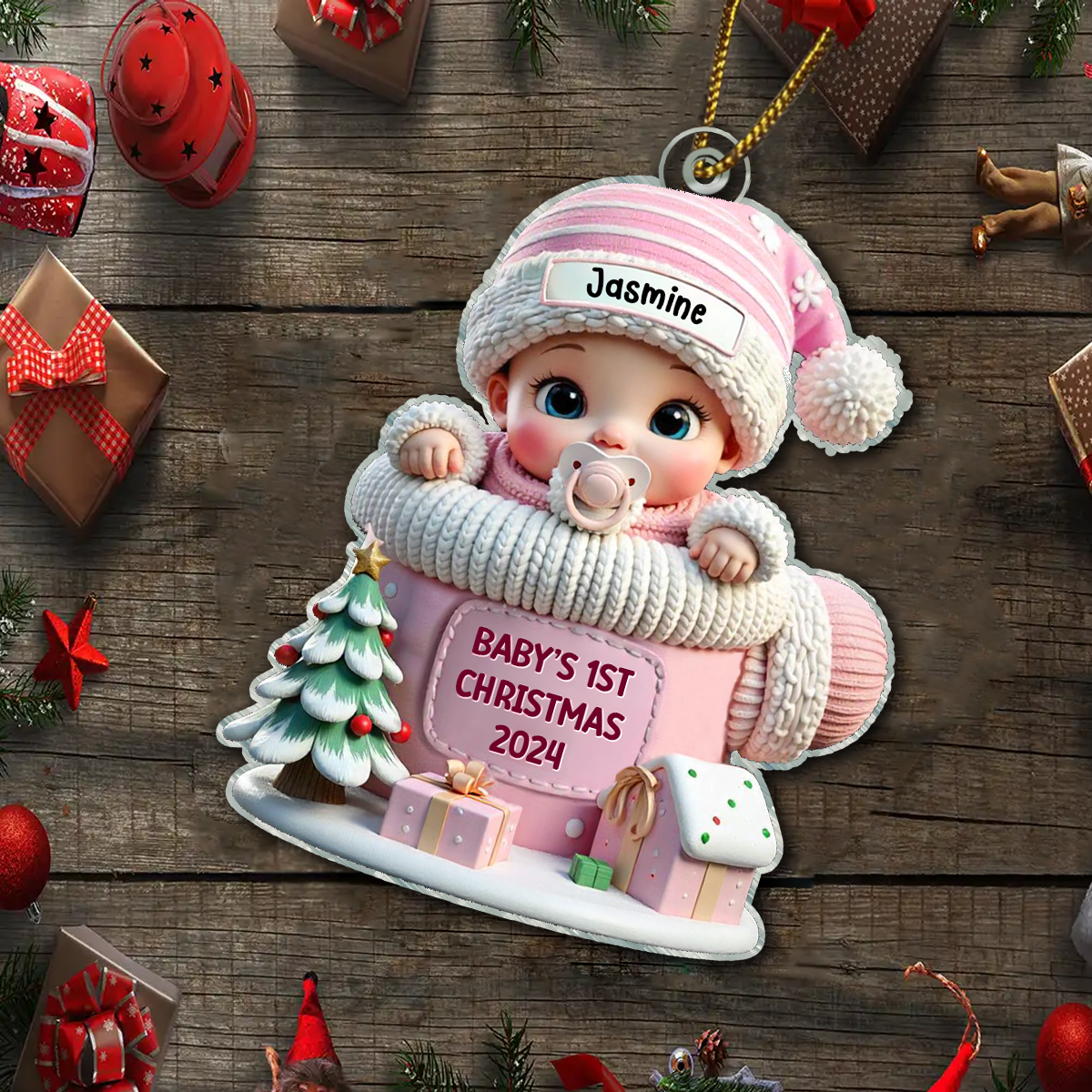 Baby In Mitten 3D Effect Baby's First Christmas Personalized Acrylic Flat Ornament