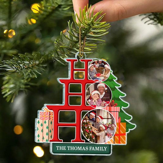 Custom Photo Family Ho Ho Ho Joyful Christmas - Personalized Custom Shaped Acrylic Ornament