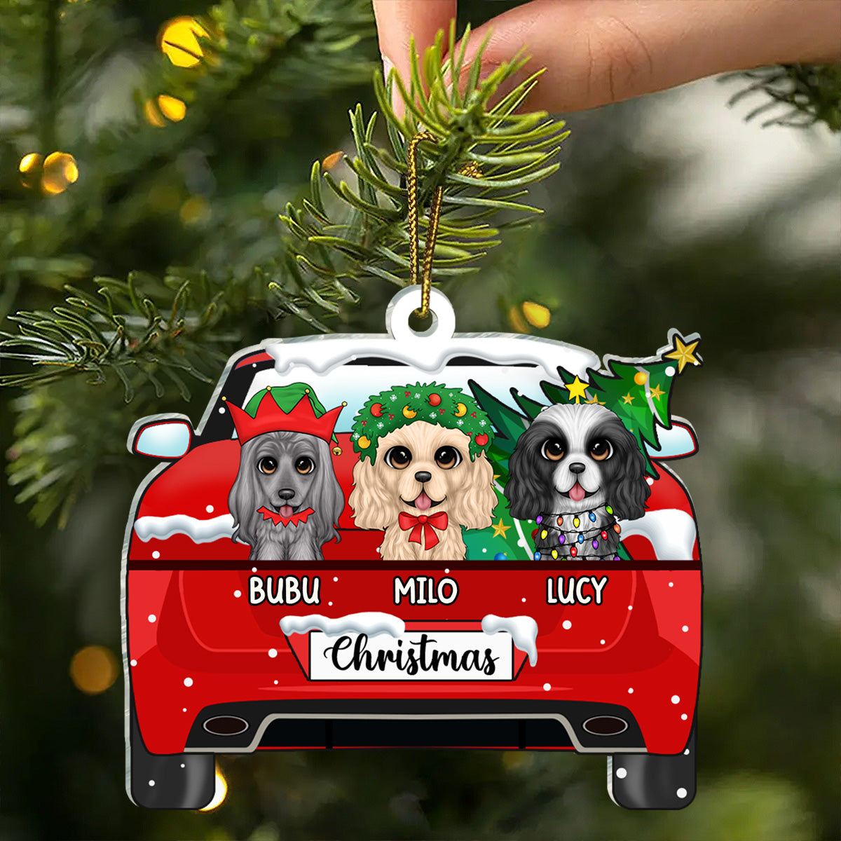 Chirstmas Dog Cat With Red Truck - Personalized Cutout Acrylic Ornament