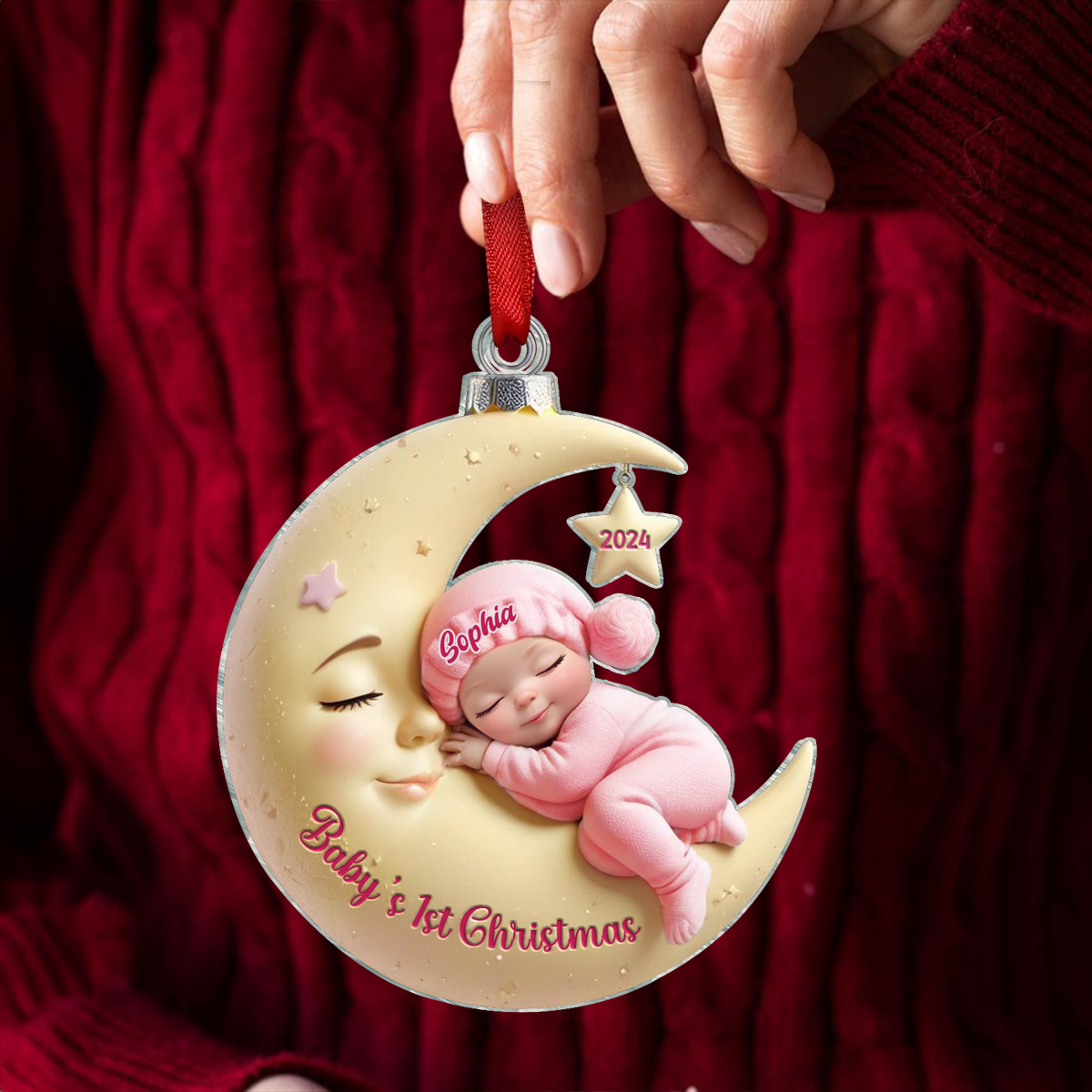 3D Effect Baby On Moon First Christmas 1st Christmas Keepsake Personalized Acrylic Ornament