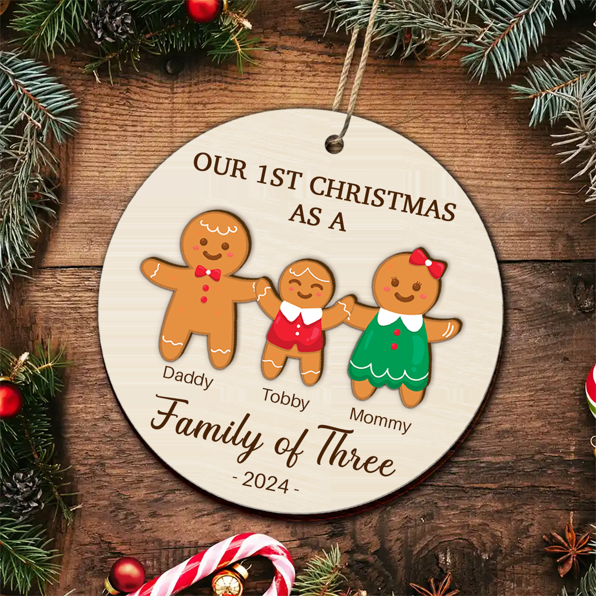 First Christmas As A Family Of Three Gingerbread - Personalized 2-Layered Wooden Ornament