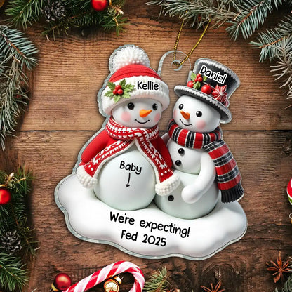 Snowman Couple Expecting Parents Pregnancy Announcement 3D Effect Keepsake Personalized Acrylic Ornament