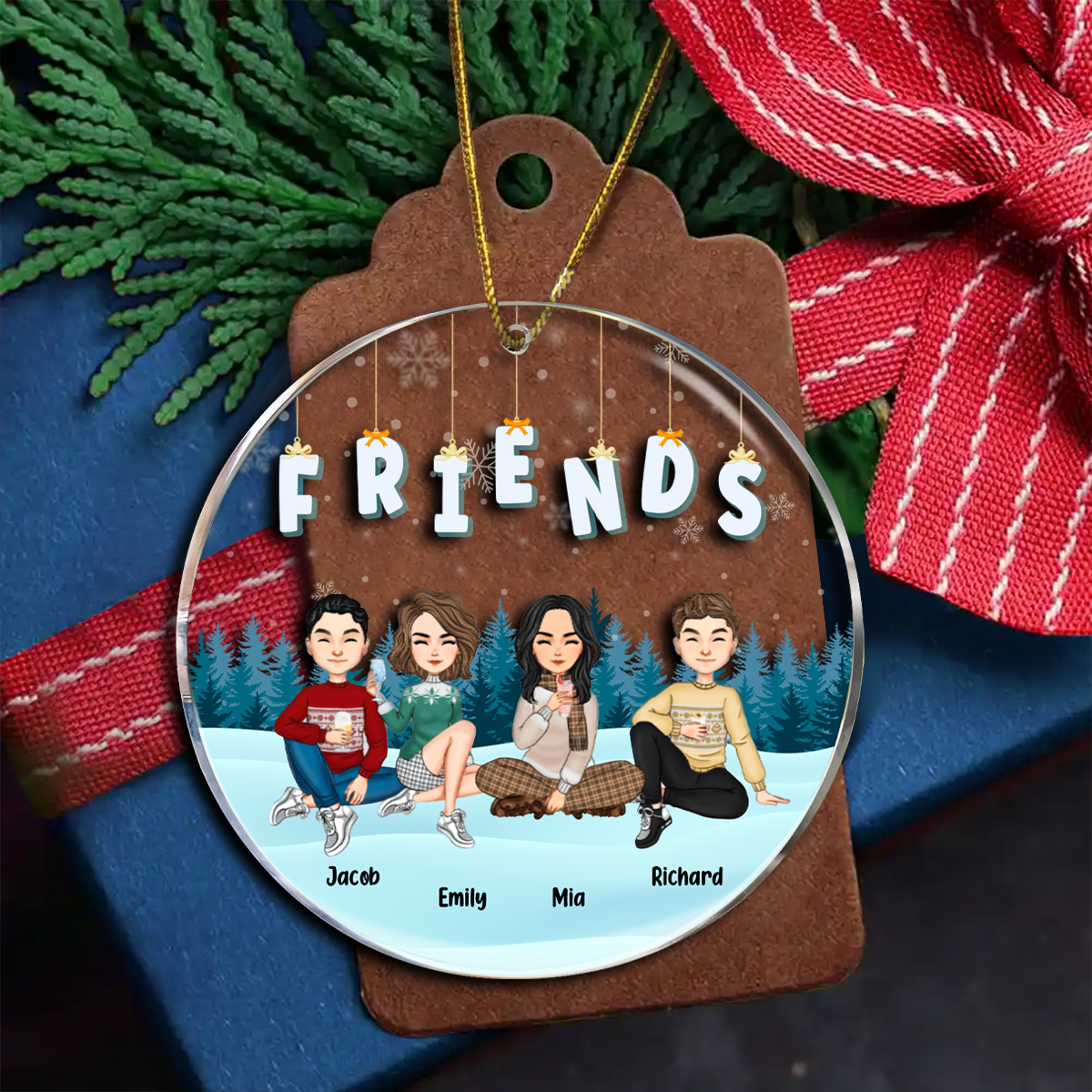 Friends Besties Sisters Sitting Together Cartoon - Personalized Circle Ornament