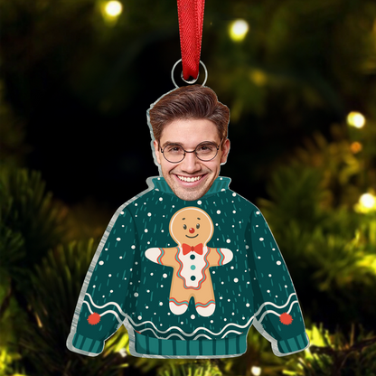 Custom Photo Funny Family Faces Hanging Christmas Sweater - Personalized Cutout Acrylic Ornament