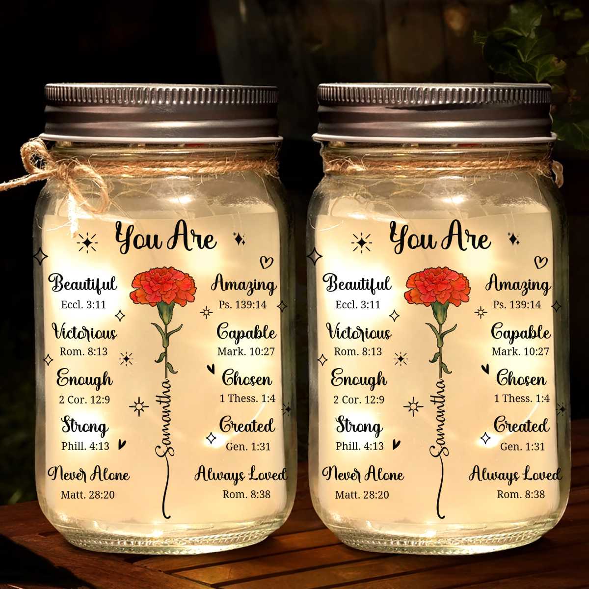 You Are Beautiful Victorious Woman Birth Month Flower - Personalized Mason Jar Light