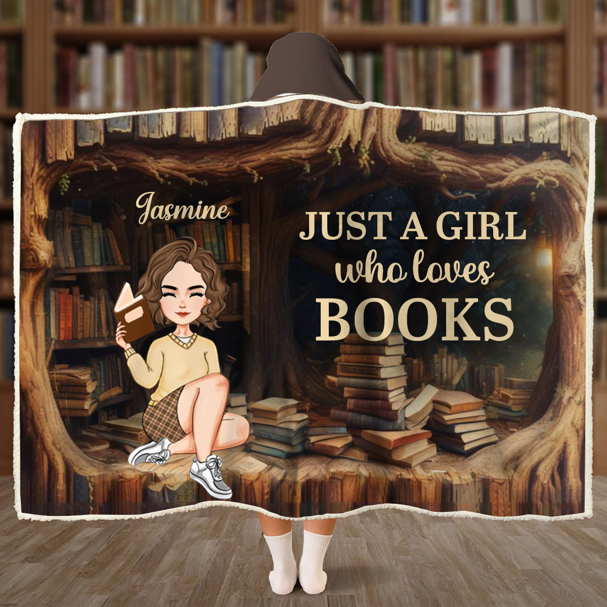 Just A Girl Who Loves Books Library - Personalized Wearable Hooded Blanket