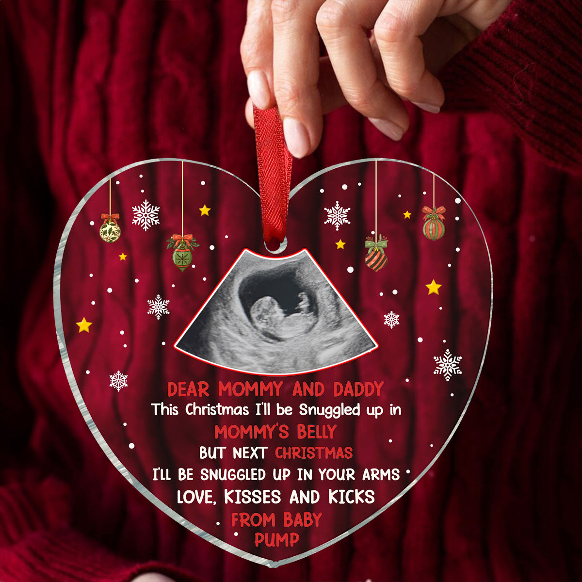 Custom Photo This Christmas I'll Be Snuggled Up Newborn Baby - Personalized Heart Shaped Acrylic Ornament