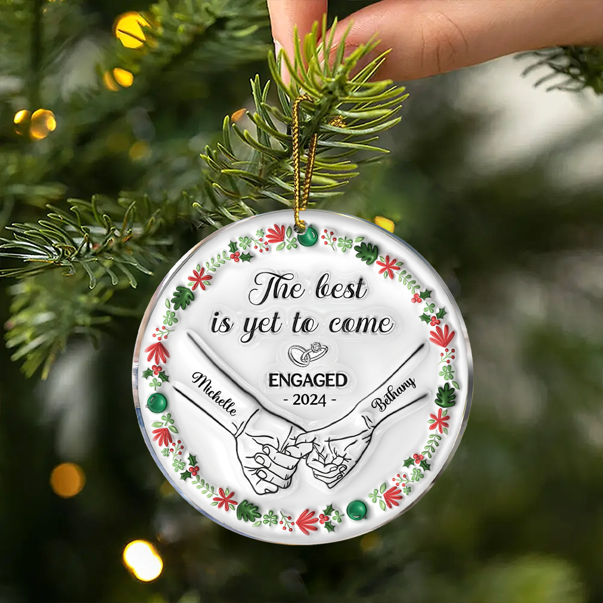 Engaged Couple Holding Hands The Best Is Yet To Come - 3D Inflated Effect Printed Ornament, Personalized Circle Ceramic Ornament