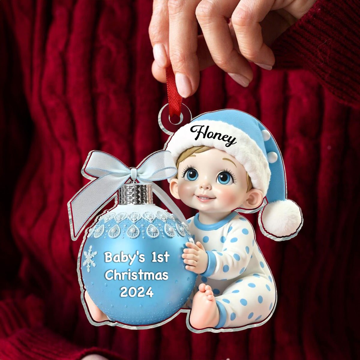 Baby Holding Christmas Bauble 3D Effect Baby's First Christmas Personalized Acrylic Flat Ornament