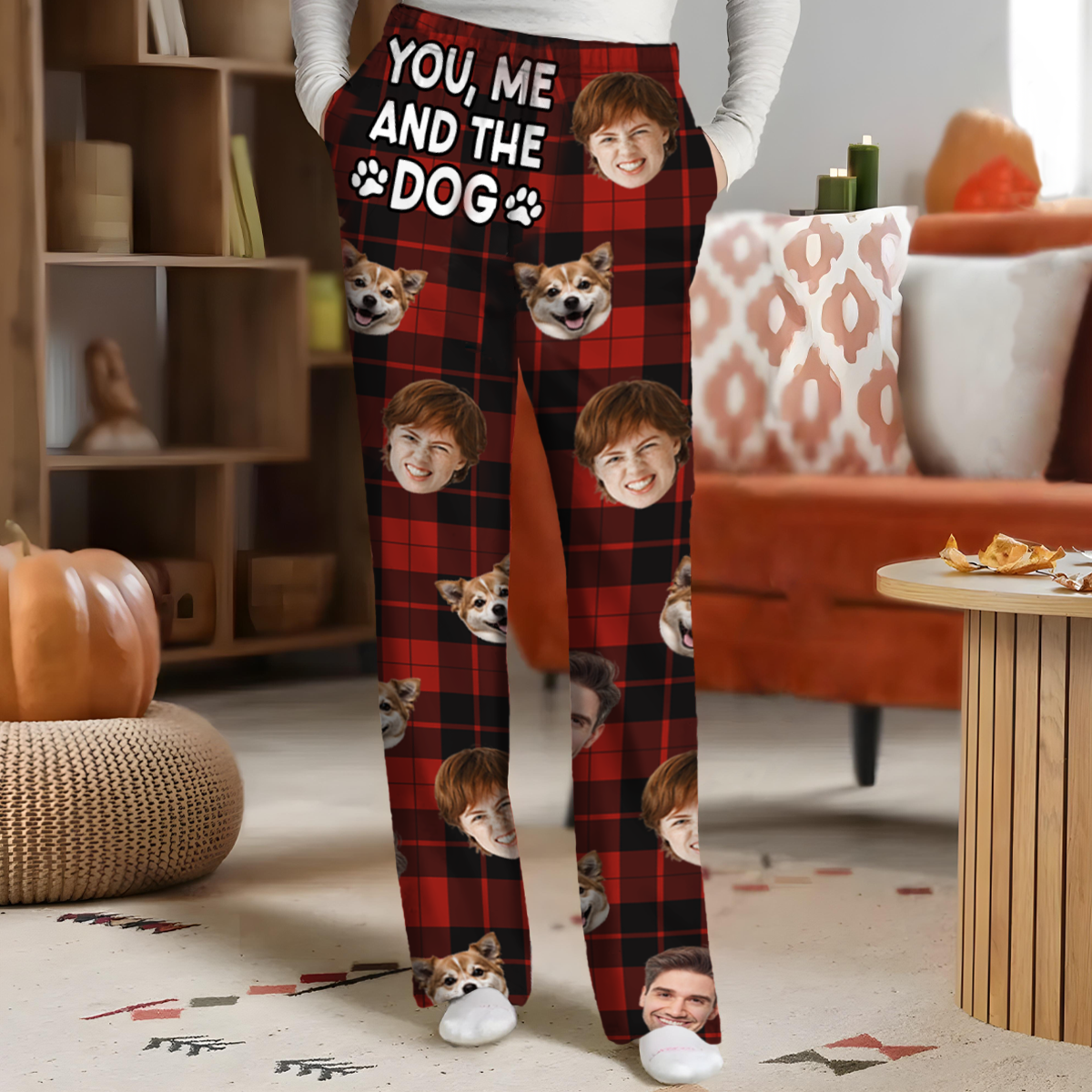 Custom Photo You & Me And The Dog Cat Pet Plaid Pattern - Personalized Pajama Pants