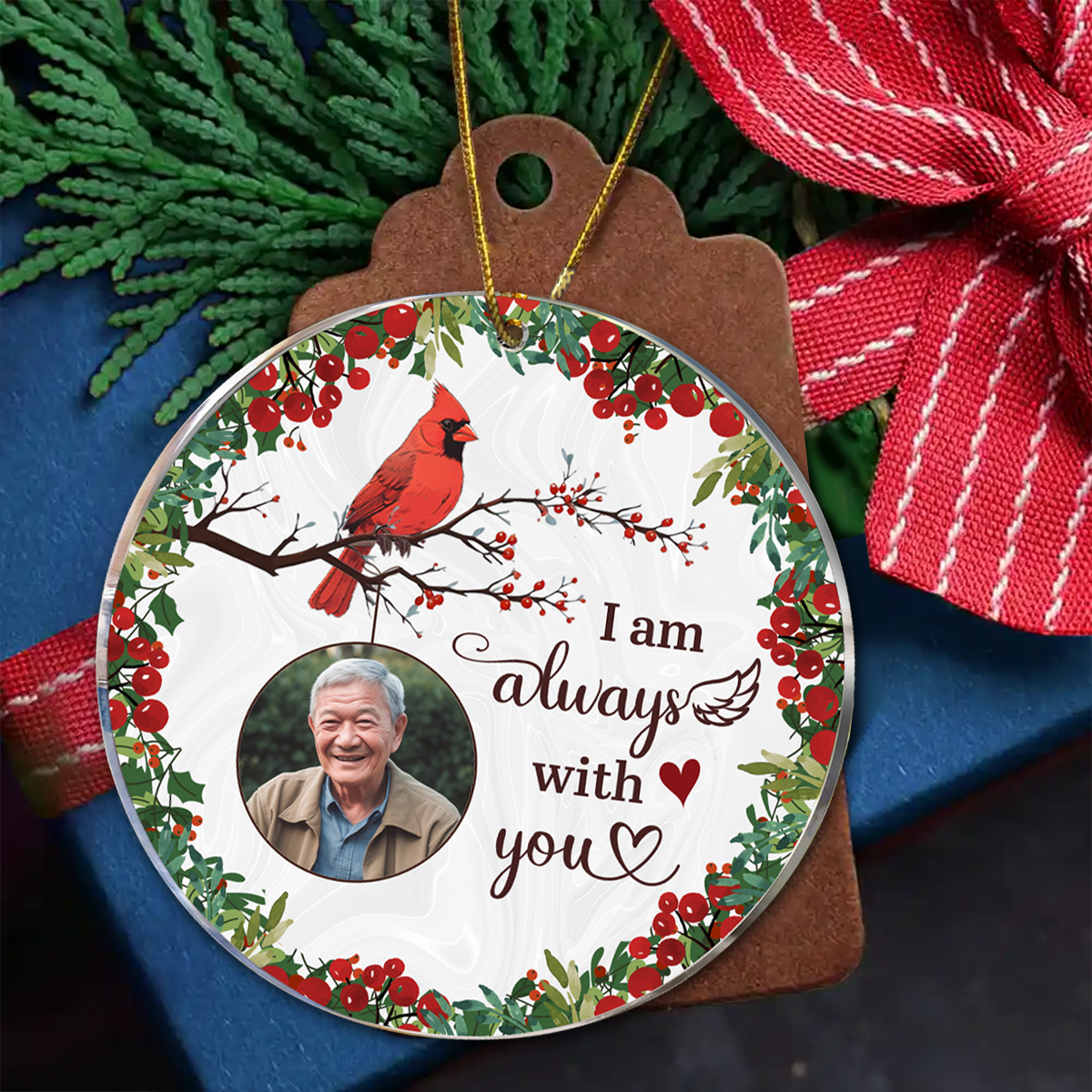 Always With You Holly Branch Cardinal Memorial Photo Personalized Circle Ornament