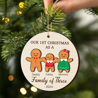 First Christmas As A Family Of Three Gingerbread - Personalized 2-Layered Wooden Ornament