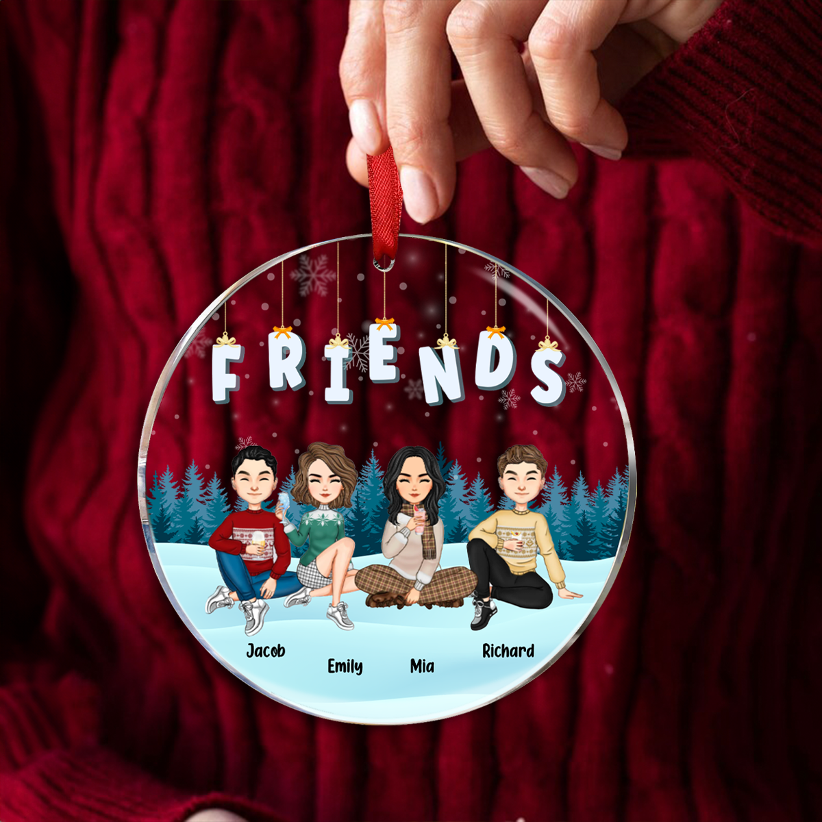 Friends Besties Sisters Sitting Together Cartoon - Personalized Circle Ornament