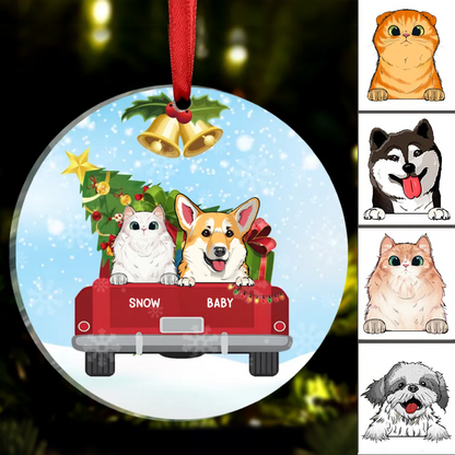 Dog Cat On Christmas Truck Personalized Decorative Circle Ornament