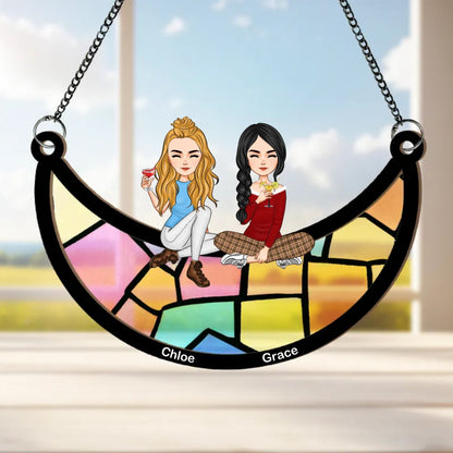 Besties - Best Friends Sitting On The Moon - Personalized Window Hanging Suncatcher Ornament - Makezbright Gifts