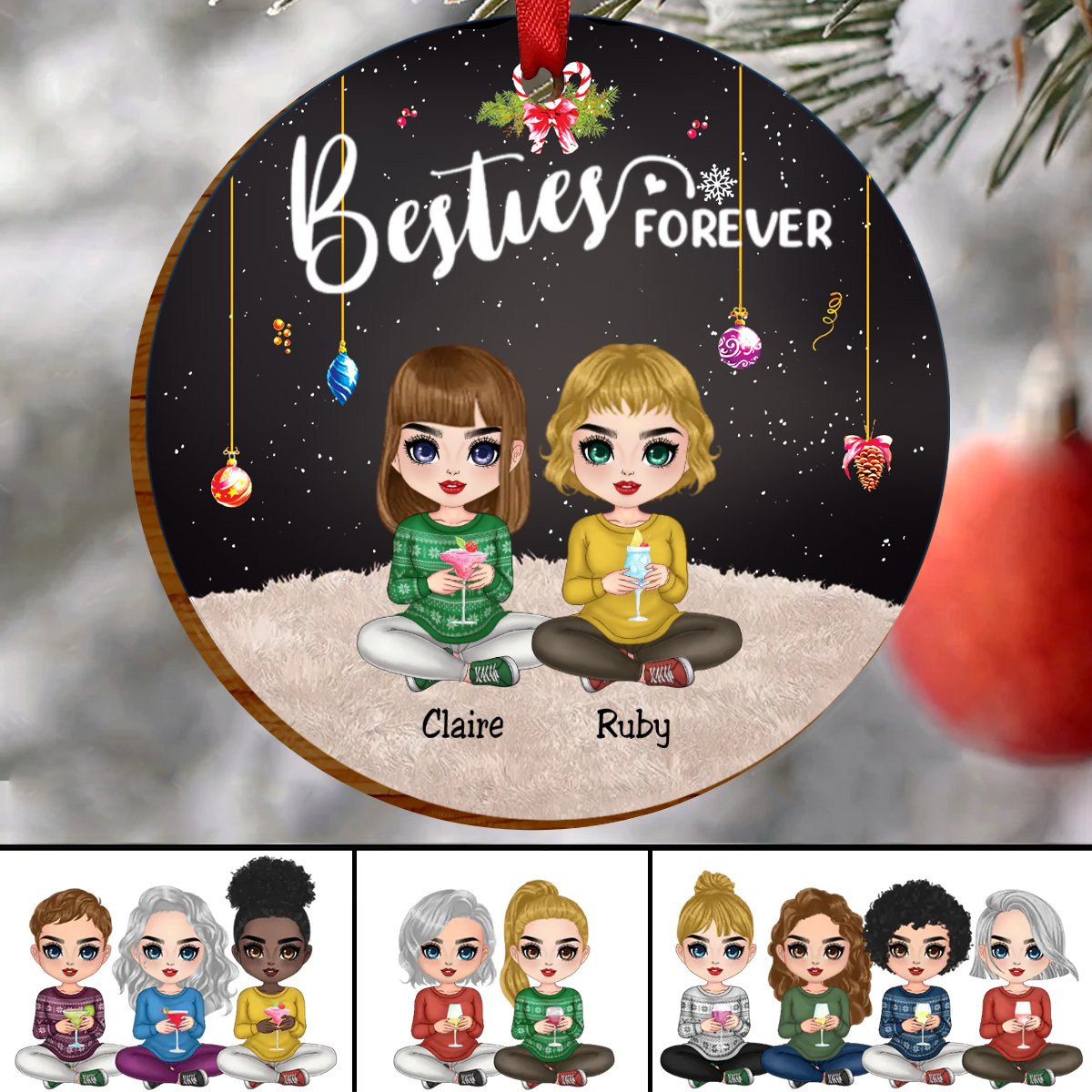 Besties - Besties Forever - Personalized Circle Ornament (Black) - Makezbright Gifts