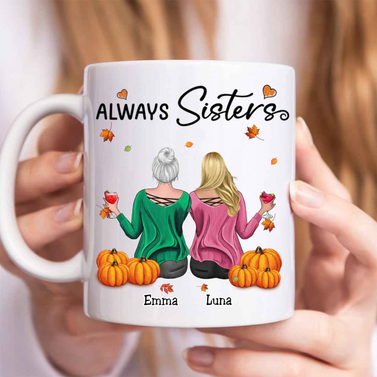 Besties - Fall Season Best Friends Sisters With Pumpkin - Personalized Mug - Makezbright Gifts