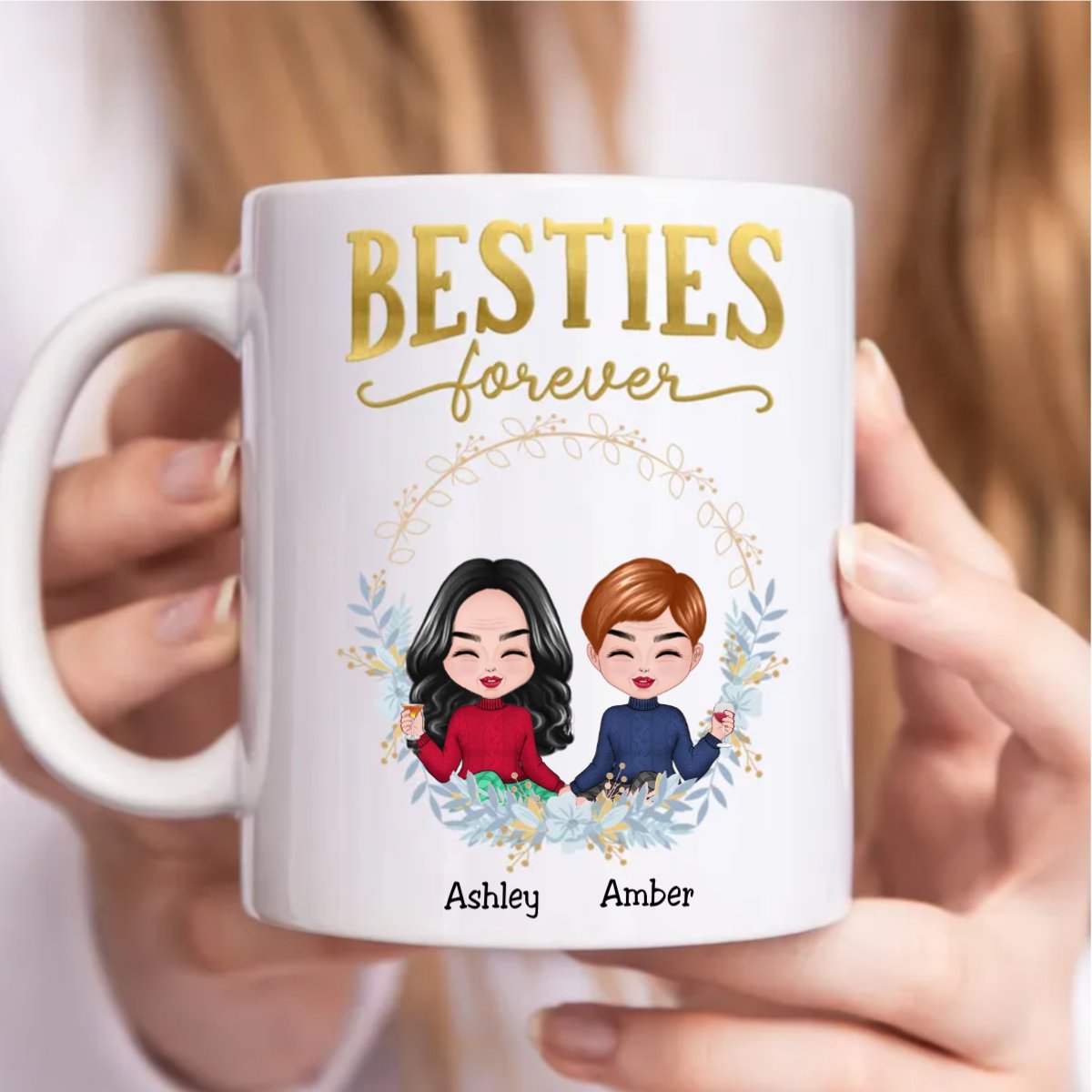 Besties - Floral Circle Besties Forever - Personalized Mug - Makezbright Gifts