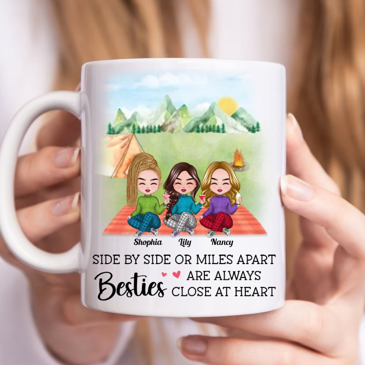 Besties - Side By Side Or Miles Apart Besties Are Always Close At Heart - Personalized Mug - Makezbright Gifts