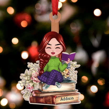 Book Lovers - Reading Girls Sitting On Books - Personalized Acrylic Ornament - Makezbright Gifts