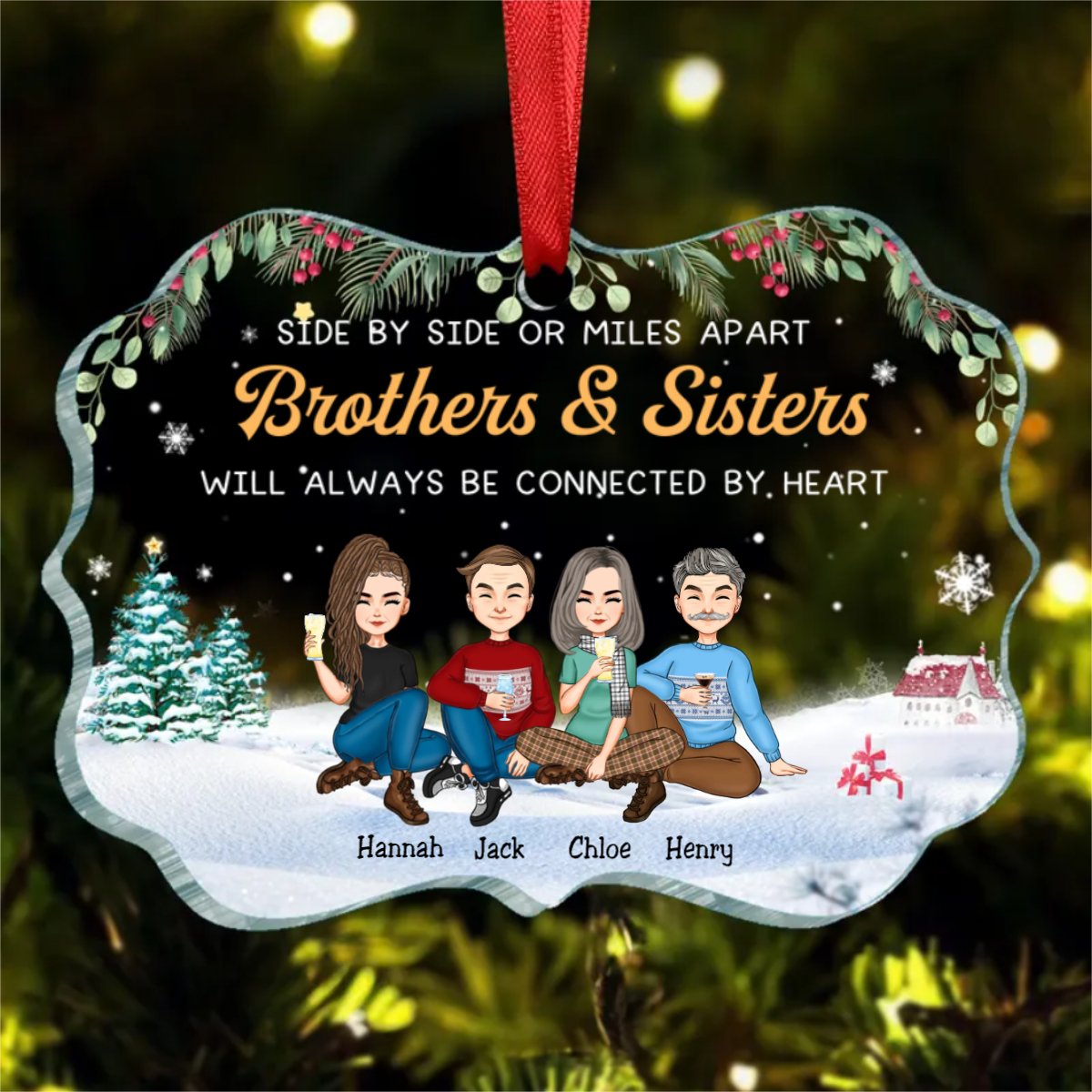 Brothers & Sisters - Side By Side Or Miles Apart Brothers & Sisters Will Always Be Connected By Heart - Personalized Christmas Ornament - Makezbright Gifts