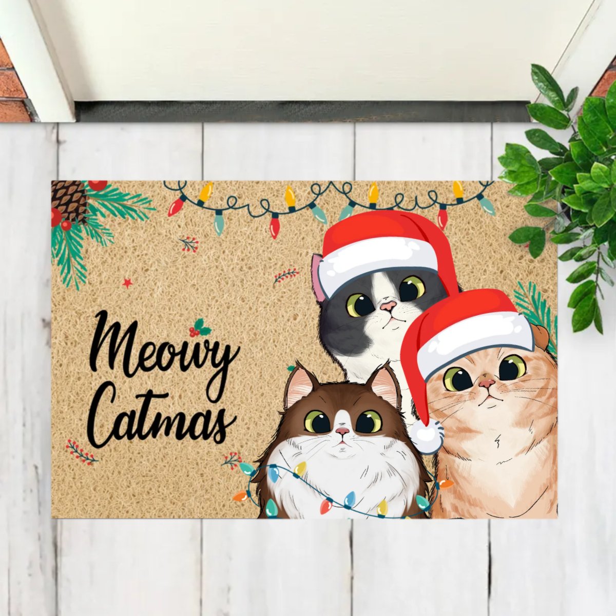 Cat Lover - Meowy Catmas Cute Peeking Fluffy Cat Christmas - Personalized Doormat - Makezbright Gifts