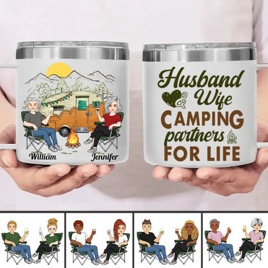 Couple - Husband & Wife, Camping Partners For Life - Personalized Stainless Steel Tumbler With Handle (TB) - Makezbright Gifts