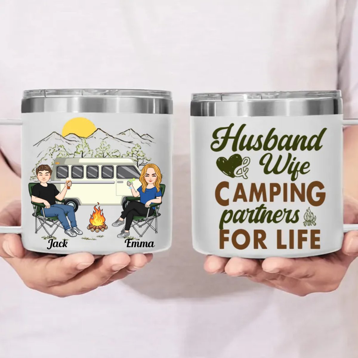 Couple - Husband & Wife, Camping Partners For Life - Personalized Stainless Steel Tumbler With Handle (TB) - Makezbright Gifts