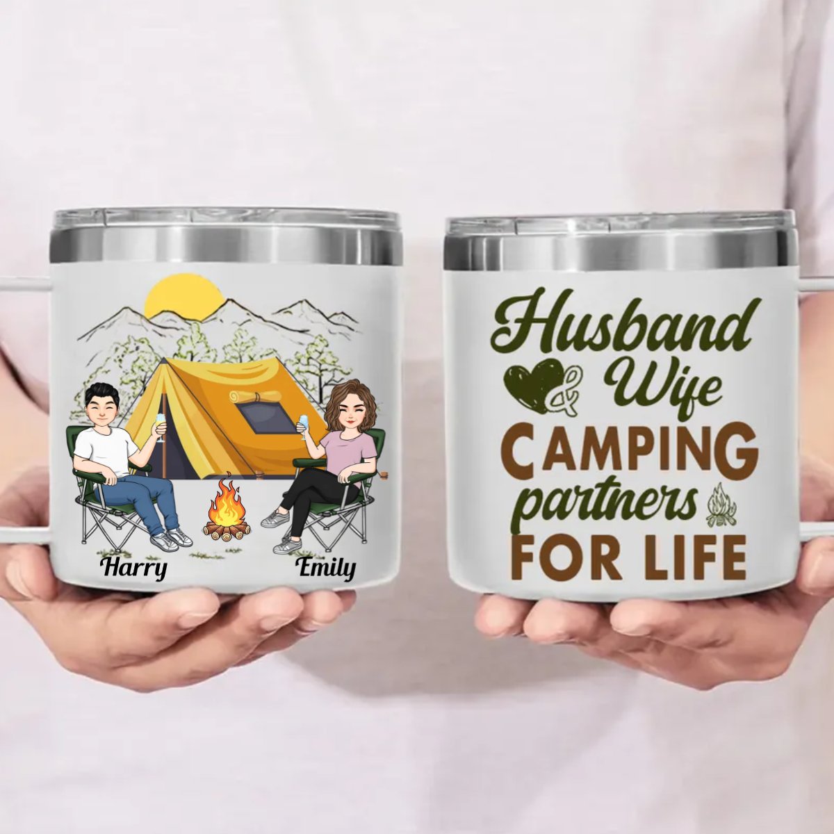 Couple - Husband & Wife, Camping Partners For Life - Personalized Stainless Steel Tumbler With Handle (TB) - Makezbright Gifts