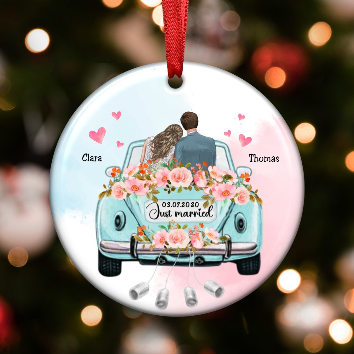 Couple - Just Married Wedding Car - Personalized Circle Ornament - Makezbright Gifts