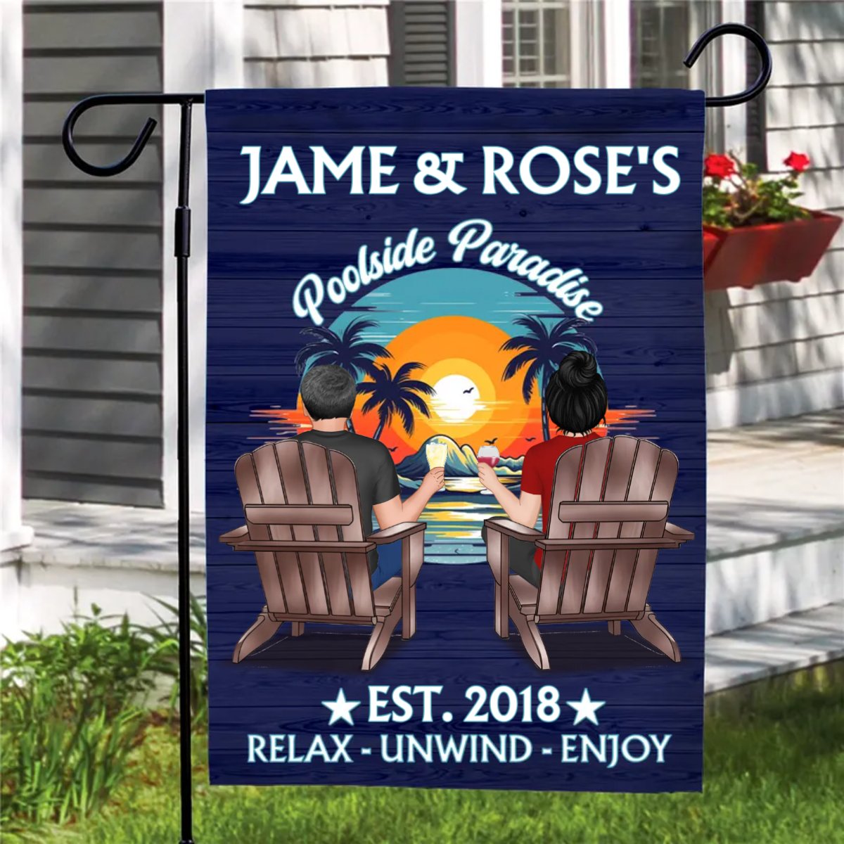 Couple - Poolside Paradise - Personalized Garden Flag - Makezbright Gifts