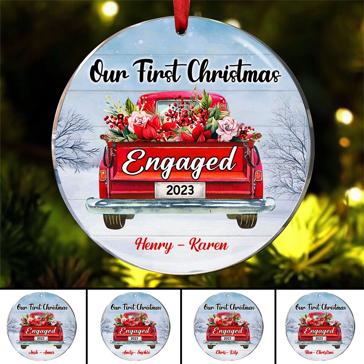 Couple - Red Truck Our First Christmas Engaged - Personalized Christmas Ornament - Makezbright Gifts